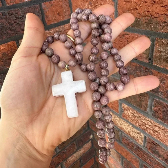 Natural Pink Agate Cross Pendant Necklace - Picture 5 of 6